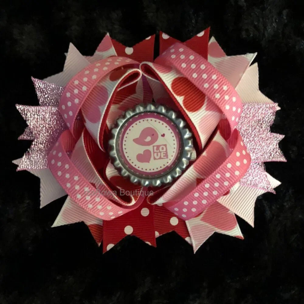Love Birds Bottle Cap Image Deluxe Bow   5B1754  Handmade NWT Boutique